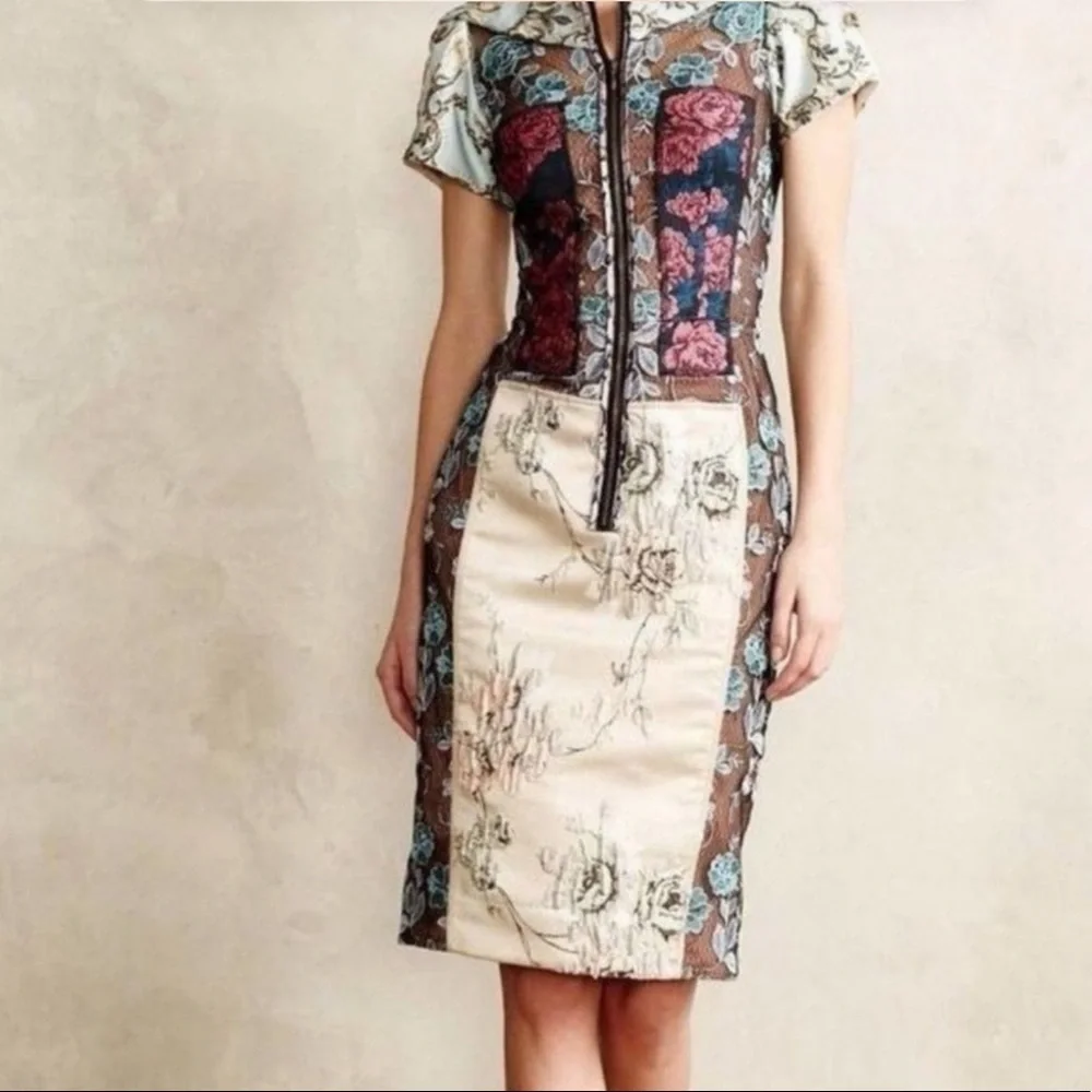 Anthropologie Byron Lars “Beguile” Pieced Brocade Dress Embroidered Floral Sz 2P - Picture 3 of 16